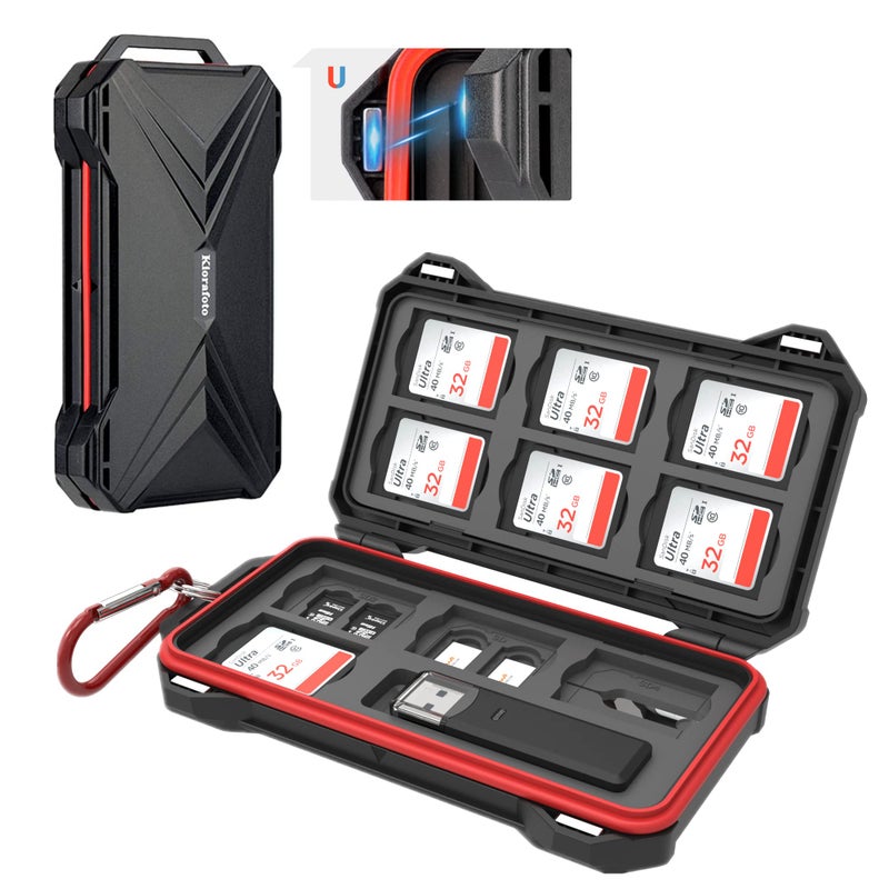 Kiorafoto [Memory Card Reader + 10 SD + 16 TF + 4 SIM] Magnetic Closure Memory Card Case Holder Organizer Protector Keeper for Camera SD SDHC SDXC MSD MicroSD TF Card & Micro SIM Nano SIM NM Nano Memory Cards - Image 1